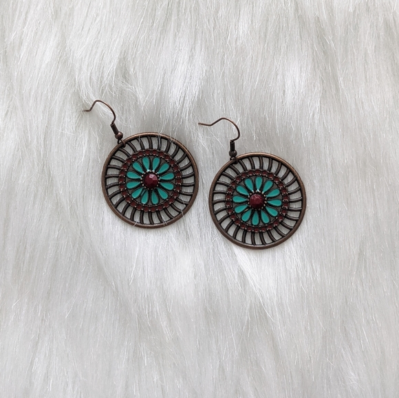 Jewelry - Boho bronze red & turquoise round flower earrings